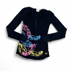 Roxy Black Henley Top with Feather Print